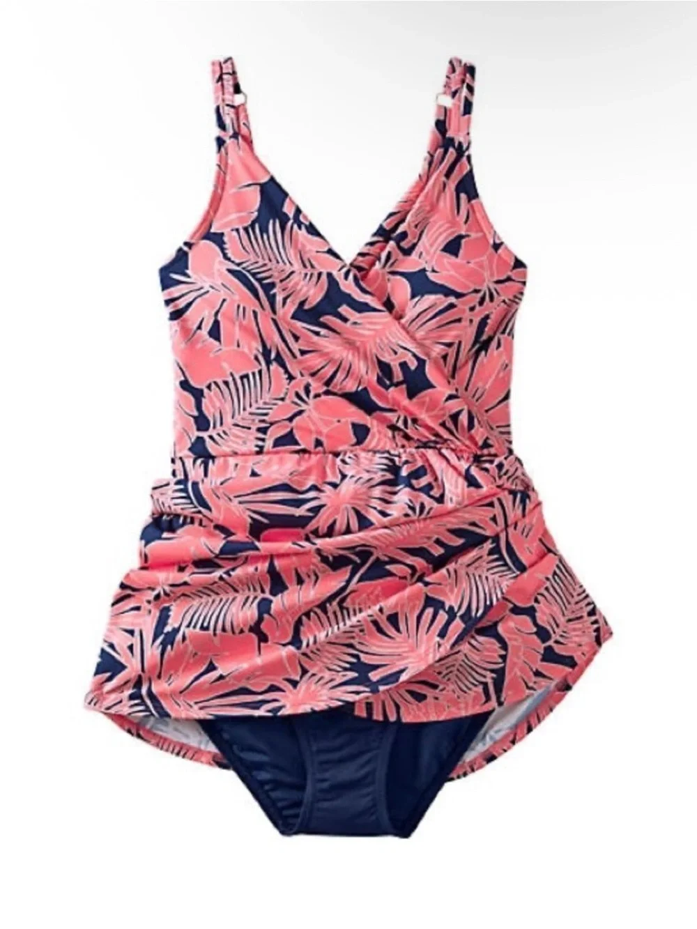 Land’s End Plus Tulip Wrap Wood Lily Palm Navy Blue One Piece Swim Dress- 3X